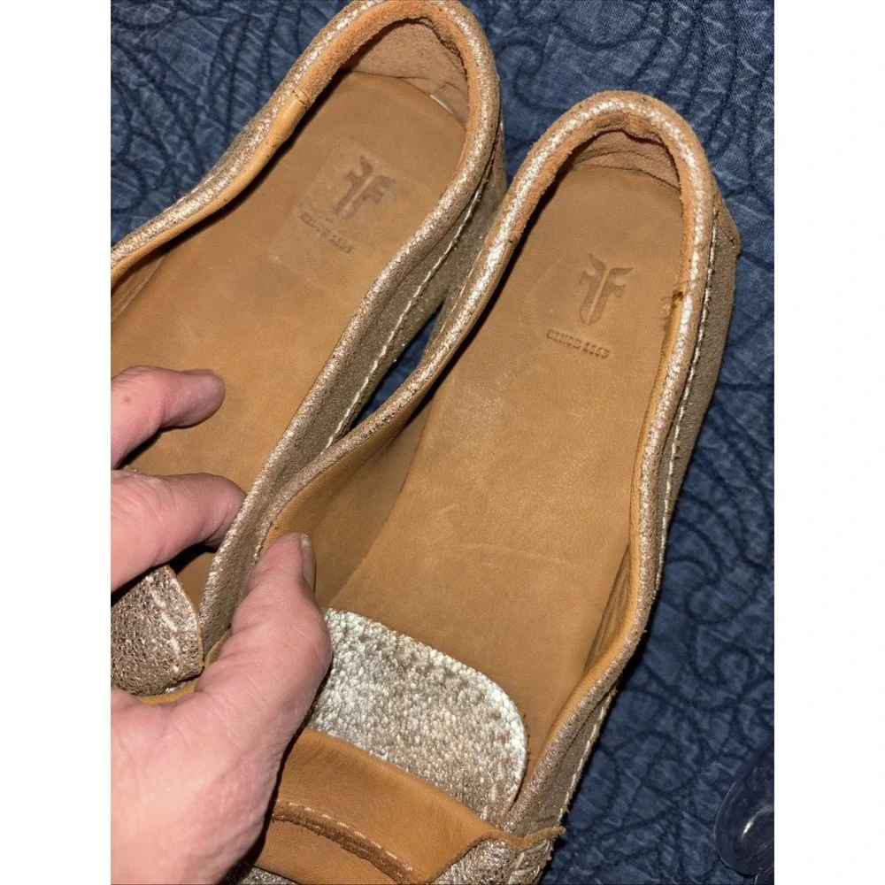 Frye Women's 8.5 M Sedona Seam Tan Leather Metallic Gold Loafer Shoes Flexible